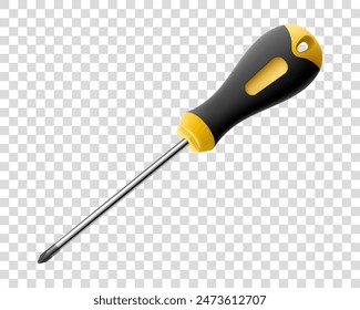 Phillips screwdriver isolated on transparent background. Black and yellow short screwdrivers. Metal tool for Home Repairs and Mechanical Work. Realistic 3d vector illustration.