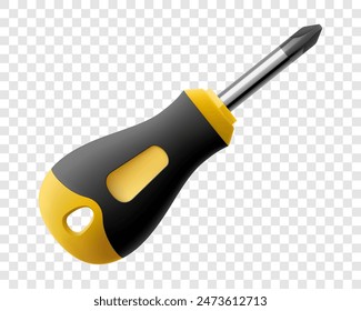 Phillips screwdriver isolated on transparent background. Black and yellow short screwdrivers. Metal tool for Home Repairs and Mechanical Work. Realistic 3d vector illustration.