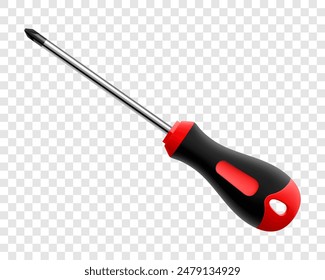 Phillips screwdriver isolated on transparent background. Black and yellow short screwdrivers. Metal tool for Home Repairs and Mechanical Work. Realistic 3d vector illustration.