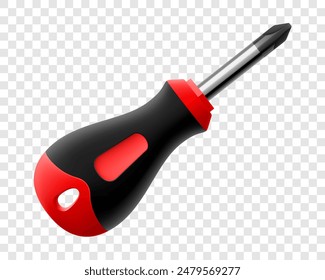 Phillips screwdriver isolated on transparent background. Black and yellow short screwdrivers. Metal tool for Home Repairs and Mechanical Work. Realistic 3d vector illustration.