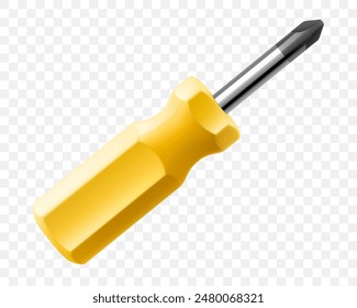 Phillips screwdriver isolated on transparent background. Black and yellow short screwdrivers. Metal tool for Home Repairs and Mechanical Work. Realistic 3d vector illustration.