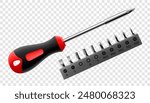 Phillips screwdriver with set of metal bits for screwdriver isolated on white background. Bits for bolts and screws. Bits for electric drill or cordless screwdriver. Realistic 3d vector