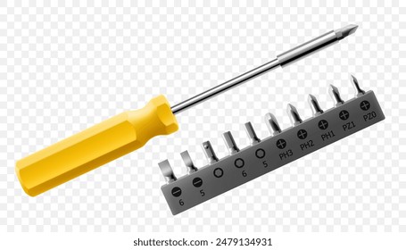 Destornillador Phillips con juego de brocas metálicas para destornillador aislado sobre fondo blanco. Piezas para tornillos. Brocas para taladro eléctrico o destornillador inalámbrico. Vector 3D realista