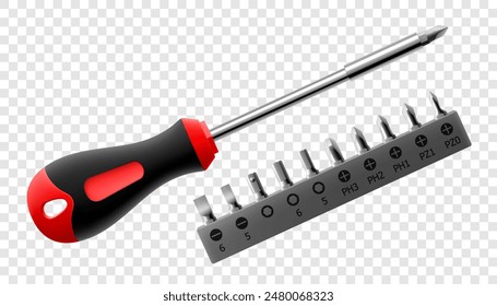 Phillips screwdriver with set of metal bits for screwdriver isolated on white background. Bits for bolts and screws. Bits for electric drill or cordless screwdriver. Realistic 3d vector