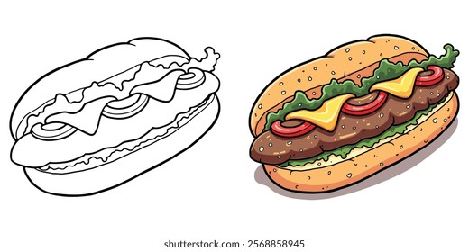 Philly Cheesesteak Black and White Line Art Vector Illustration with Coloring Sample. Food and Snacks Coloring Pages for Adults and Kids.