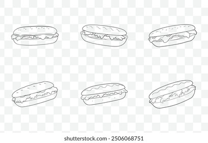 Philly Cheesesteak Line Art Vektor Set mit detaillierten Illustrationen klassischer Sandwich-Zutaten