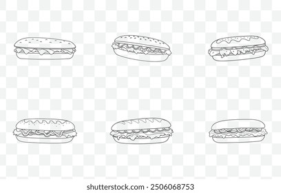 Philly Cheesesteak Line Art Vektor Set mit detaillierten Illustrationen klassischer Sandwich-Zutaten