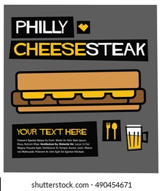 Philly Cheesesteak (Line Art Vector Illustration In Flat Style Design)