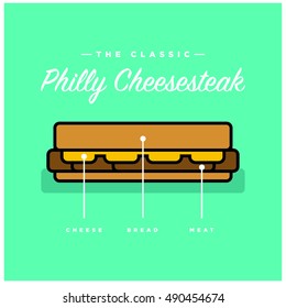 Philly Cheesesteak (Line Art Vector Illustration In Flat Style Design)