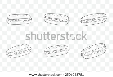 Philly Cheesesteak Line Art Vector Set with Detailed Illustrations of Classic Sandwich Ingredients