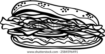 Philly cheesesteak sandwich vector doodle lineart style isolated on white background