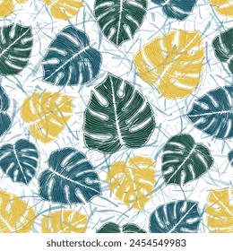 Philodendron bush foliage floral seamless ornament over noisy background. Stylish wallpaper template vector design. Fresh monstera leaves. Paradise background.