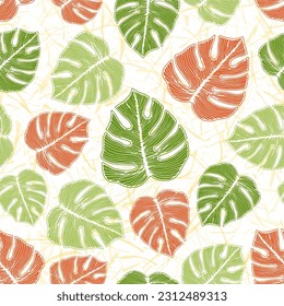 Philodendron-Busch hinterlässt botanische Wiederholungsmuster auf geräuschvollem Hintergrund. Farbige Tapete Vorlage Vektordesign. Frische Philodendren. Exotischer Hintergrund.