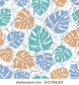 Philodendron bush leaves botanical repeat ornament over noisy background. Vibrant textile print vector design. Rainforest philodendron foliage. Exotic backdrop.