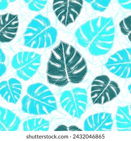 Philodendron bush leaves botanical repeat rapport over noisy background. Cute fabric print summer design. Hawaiian ceriman foliage. Floral backdrop.