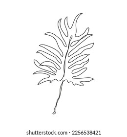 Philodendron elegant leaf line art. Outline drawing tropical leaf. Bipinnatifidum philodendron. One continuous line decorative exotic foliage. Vector illustration isolated on white background