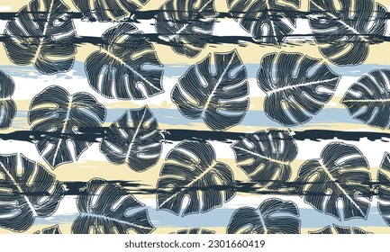 Philodendron exotic foliage floral seamless rapport over stripes background. Classic fabric swatch graphic design. Nature monstera leaves. Tropical backdrop.