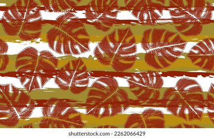 El exótico philodendrón deja ornamento botánico de repetición sobre fondo de rayas. Hermoso diseño vectorial de plantilla de tela. Naturaleza del follaje de cerimán. Fondo tropical.