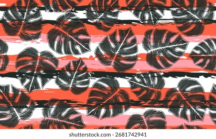 Philodendron exotic leaves botanical seamless rapport over stripes background. Grunge textile template graphic design. Fresh monstera foliage. Paradise wrapping paper.