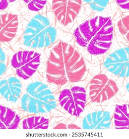 Patrón de repetición floral de hojas exóticas de filodendro sobre fondo ruidoso. Diseño romántico de verano de Plantilla textil. Follaje de Naturaleza monstera. Fondo tropical.