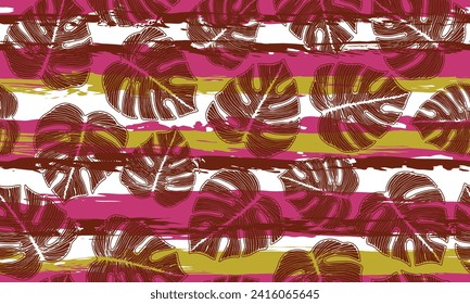 Philodendron exotic leaves floral seamless ornament over stripes background. Retro wallpaper template vector design. Garden philodendron foliage. Paradise wrapping paper.