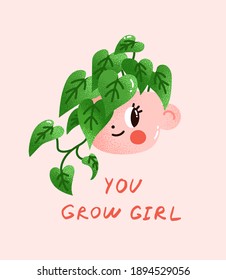 Philodendron hederaceum planted in a cute pot with a cheerful message below. Vector illustration of the heartleaf plant in a ceramic pot with an adorable face in trendy cartoon style.