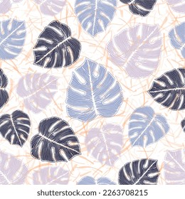 Patrón de repetición botánica de follaje de la jungla de Philodendron sobre fondo ruidoso. Diseño vectorial de plantilla de tejido grueso. Hojas de philodendron hawaianas. Papel de envoltura tropical.
