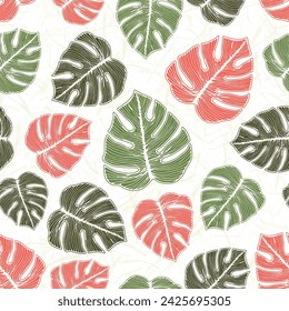 Philodendron Dschungel Blattwerk botanische Wiederholung Ornament über lauten Hintergrund. Klassisches Stoffmuster-Sommerdesign. Hawaiianische Philodendron-Blätter. Dschungelkulisse.