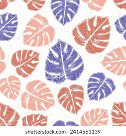 Philodendron jungle foliage floral seamless pattern over noisy background. Colorful fabric swatch summer design. Rainforest philodendron leaves. Tropical background.