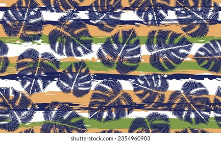 Philodendron jungle leaves botanical repeat ornament over stripes background. Retro textile sample vector design. Garden monstera foliage. Tropical backdrop.