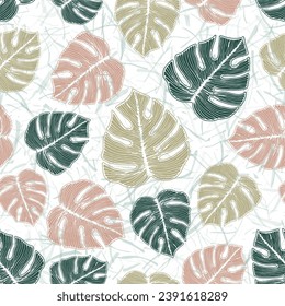 Philodendron jungle leaves botanical repeat ornament over noisy background. Bright wallpaper swatch vector design. Garden ceriman foliage. Exotic background.