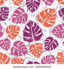 Philodendron jungle leaves floral seamless pattern over noisy background. Minimal fabric swatch graphic design. Fresh philodendron foliage. Exotic background.