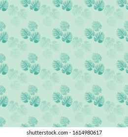 Philodendron leaves seamless vector texture. Tropical leaf background. Exotic nature repeating pattern teal on green. Monstera palm design for fabric, beach wear, summer, home decor