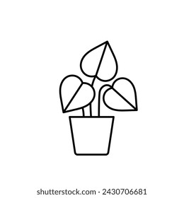 Filodendron, icono de línea. Planta en maceta con hojas en forma de corazón, ilustración lineal. Follaje, planta de interior, olla de cerámica. Pictograma, trazo editable, signo minimalista