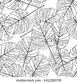Philodendron monstera leaf outline image. Palm seamless vector pattern. Tropical leaves colorless illustration.
