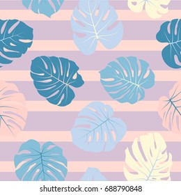 Philodendron or monstera plant repeating background for fabric textile, wallpaper, summer decoration. Floral pattern with monstera leaf. Tropical jungle leaves blue and purple vector seamless pattern.