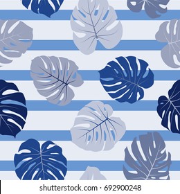 Philodendron or monstera plant repeating background for textile, blue decoration. Floral pattern with monstera leaf, foliage. Tropical jungle leaves vector seamless pattern with striped background.