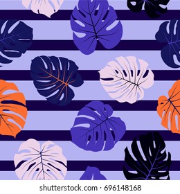 Philodendron or monstera plant repeating background for textile, blue and orange decoration. Floral pattern with monstera leaf, foliage. Tropical jungle leaves vector seamless pattern with stripes.