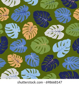 Philodendron or monstera plant repeating background for textile, wallpaper, summer decoration. Floral pattern with monstera leaf. Tropical jungle leaves vector seamless pattern in green, blue, orange 