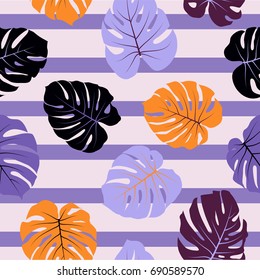 Philodendron or monstera plant repeating striped background for fabric textile, summer decor. Floral pattern with monstera leaf. Tropical jungle leaves blue and violet vector seamless pattern.