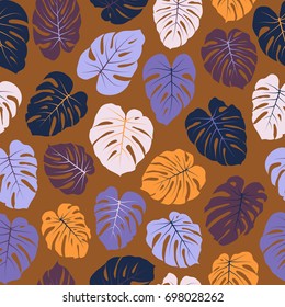 Philodendron or monstera plant seamless background for fabric textile, summer decor. Floral pattern with monstera leaf. Tropical jungle leaves blue, orange and violet vector seamless pattern.