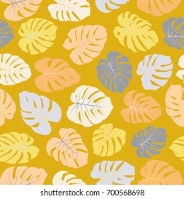 Philodendron or monstera plant vector background in yellow and grey. Floral jungle ornament with monstera leaf tropical seamless pattern vector. Tropical pattern with jungle leaves seamless decor.