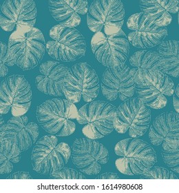 Philodendron palm leaves seamless vector background. Tropical leaf pattern. Exotic nature repeating backdrop white on teal blue. Monstera palm design for fabric, beach wear, summer, home decor