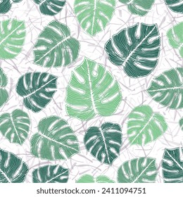 Philodendron plant foliage botanical repeat pattern over noisy background. Elegant textile print vector design. Rainforest monstera leaves. Exotic wrapping paper.