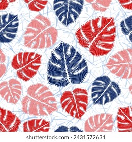 Philodendron plant foliage botanical repeat ornament over noisy background. Modern wallpaper template summer design. Garden ceriman leaves. Tropical wrapping paper.