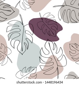 Philodendron plant. Monstera leaves seamless pattern. Background in minimal linear style. Abstract modern print. Modern trendy graphic design template for poster, card, banner, cover, textile, fabric.