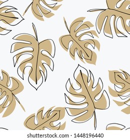 Philodendron plant. Monstera leaves seamless pattern. Background in minimal linear style. Abstract modern print. Modern trendy graphic design template for poster, card, banner, cover, textile, fabric.