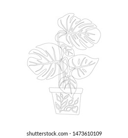 Philodendron plant pot in black outline on white background. Vector Illustration