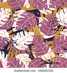 Philodendron plant. Seamless pattern with doodle monstera line leaves. Tropical pattern, botanical leaf wallpaper. Exotic design for fabric, textile print, wrapping paper. Trendy vector illustration