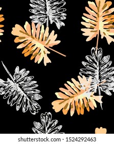 Philodendron selloum seamless vector background texture plant indoor home large tropical hand-drawn